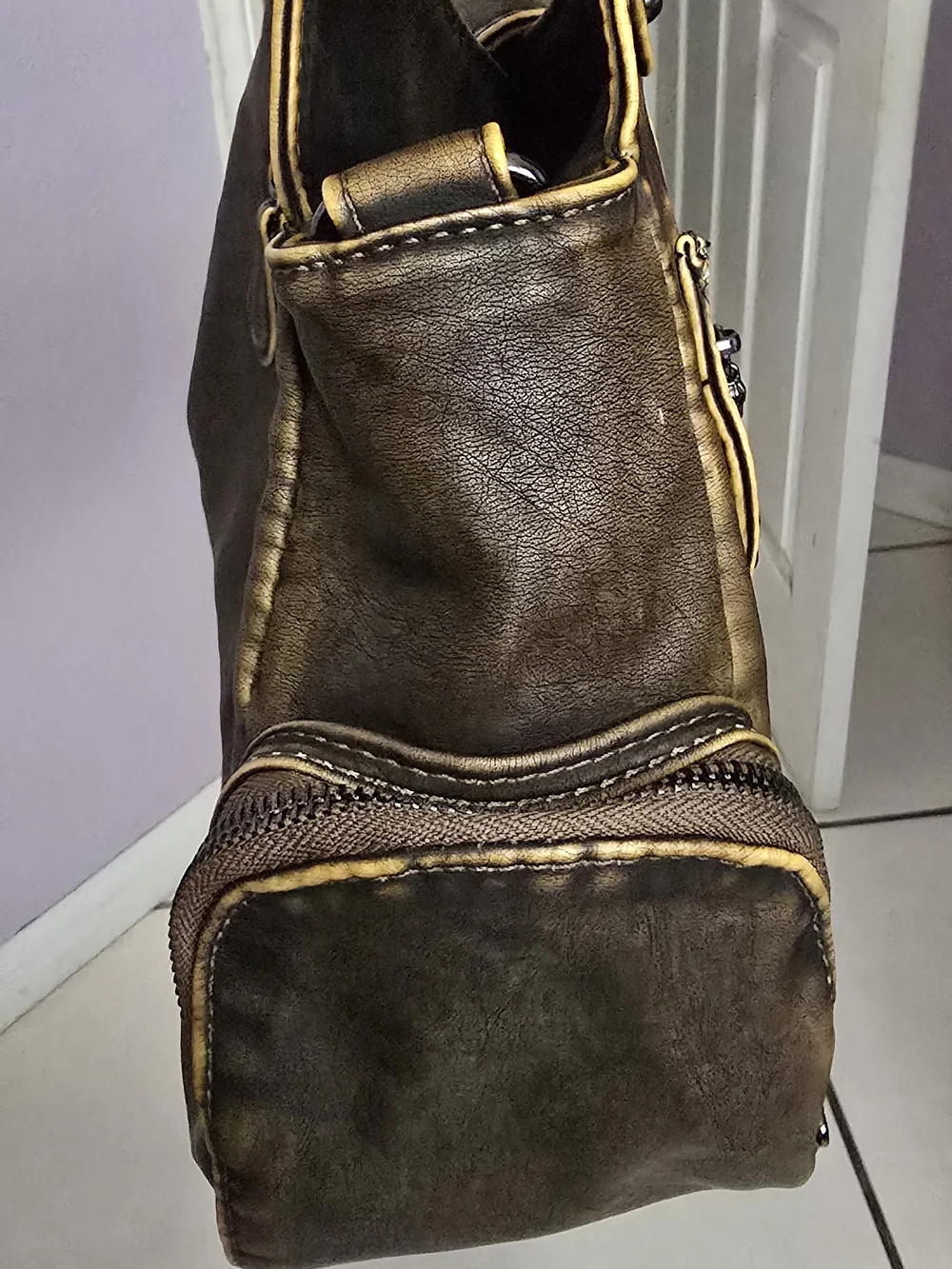 Angel Kiss Distressed Brown Shoulder Bag with Buckle & Charm Accents